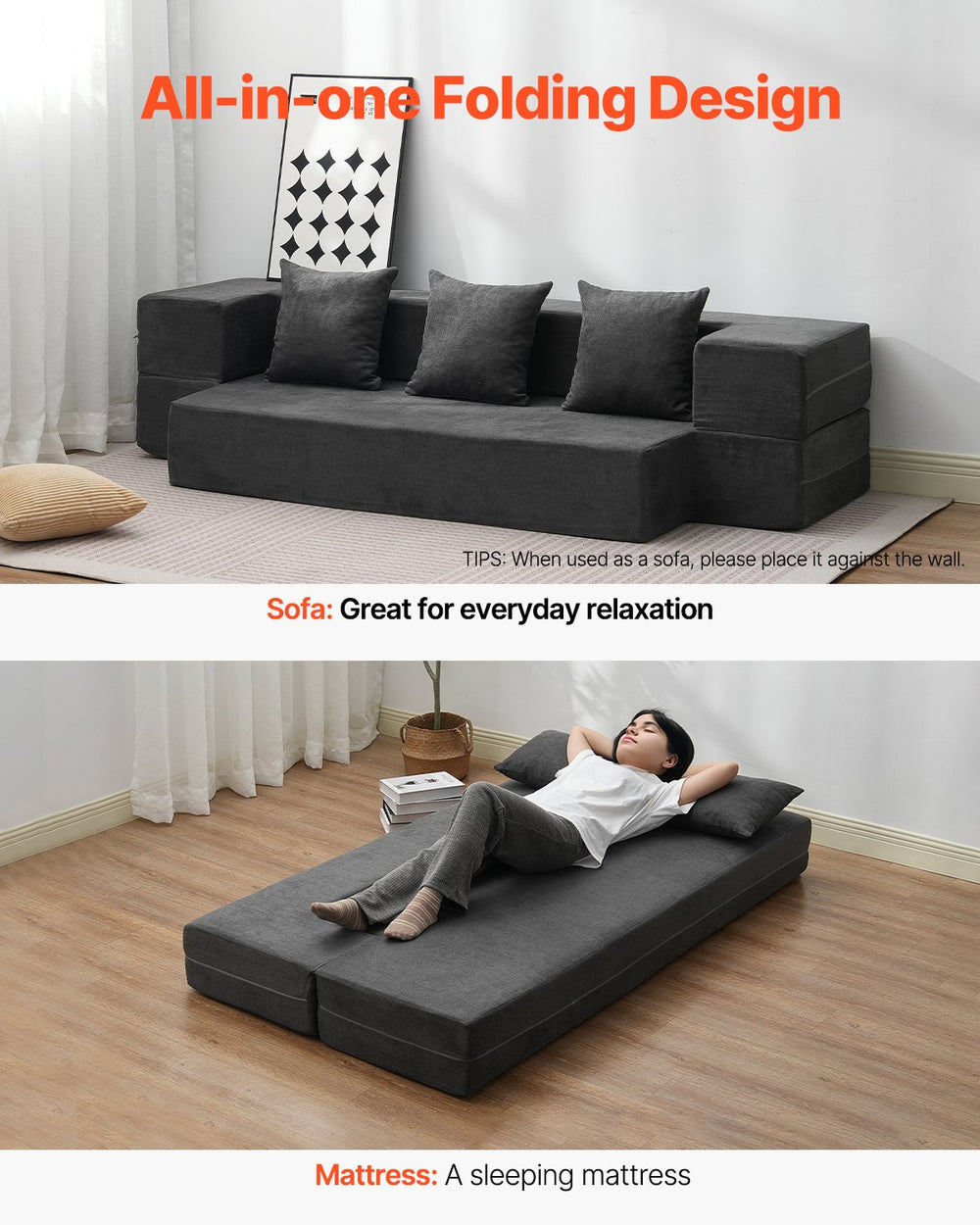 Vevor 3-in-1 Folding Sofa Bed Twin Size Convertible Sleeper with Pillows New