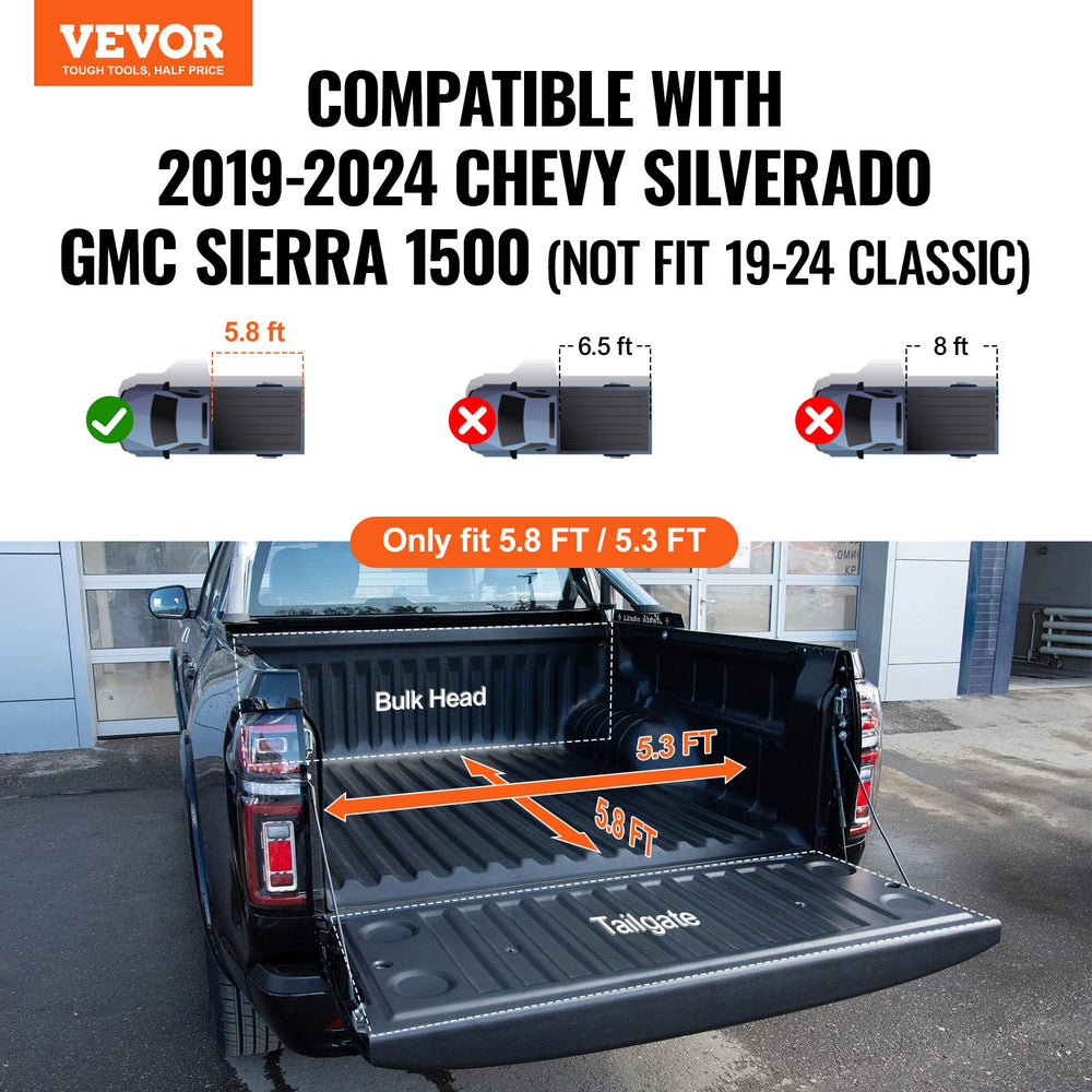 Vevor Tonneau Cover Tri-Fold for 5.8' Truck Bed 2019-2024 Chevy Silverado Aluminum Panel Anti-Loose Clamps New