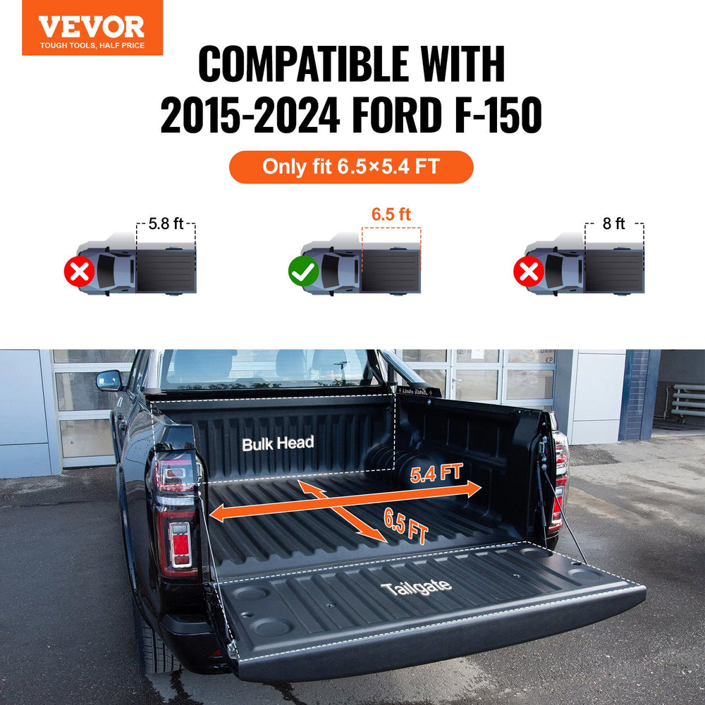 Vevor Tonneau Cover Tri-Fold for 6.5' Truck Bed 2015-2024 Ford F-150 Aluminum Panel Anti-Loose Clamps New