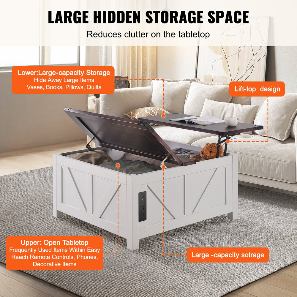 Vevor Farmhouse Coffee Table 36" Square with Split Hinged & Hydraulic Lift Top and Hidden Storage New
