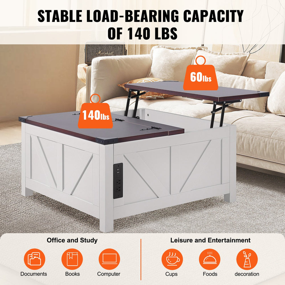 Vevor Farmhouse Coffee Table 36" Square with Split Hinged & Hydraulic Lift Top and Hidden Storage New