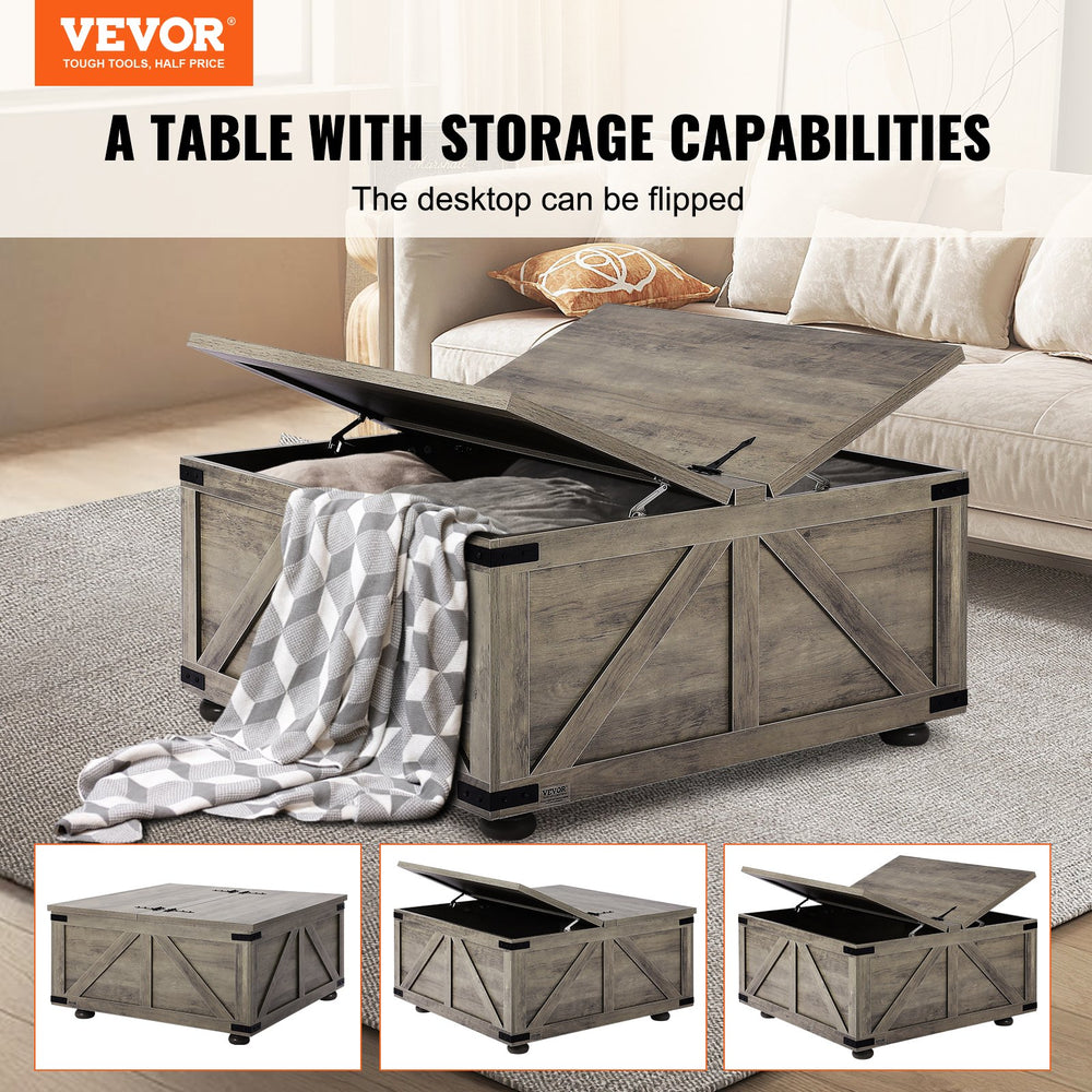 Vevor Farmhouse Coffee Table 36" Square with Hinged Dual Flip-Top and Hidden Storage New