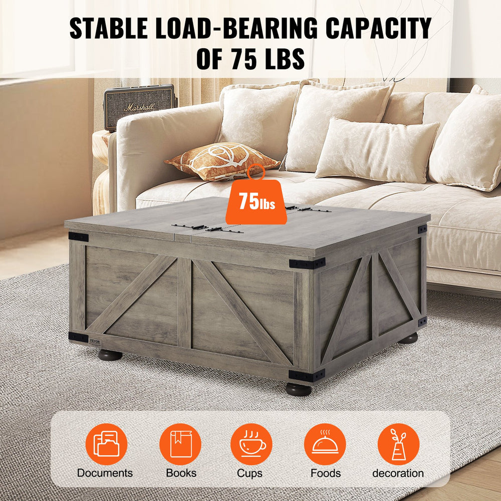 Vevor Farmhouse Coffee Table 36" Square with Hinged Dual Flip-Top and Hidden Storage New