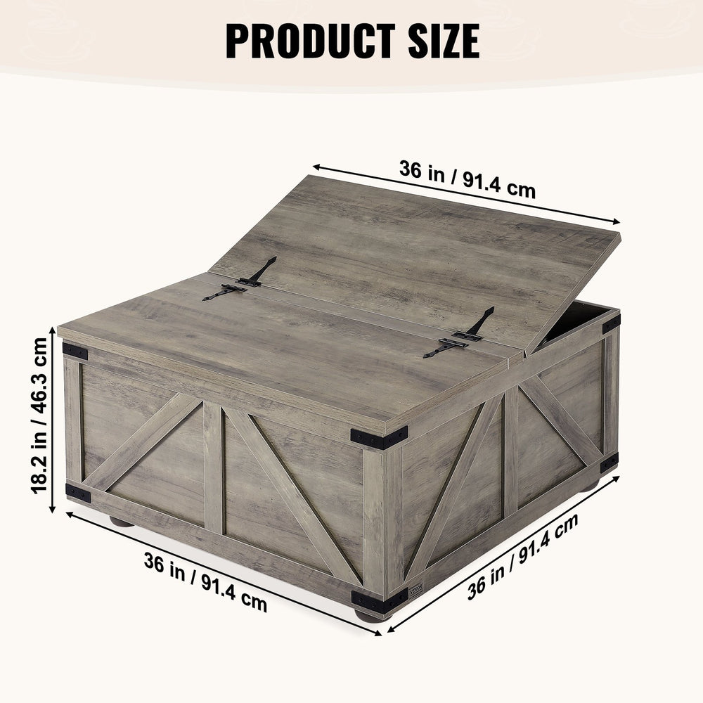 Vevor Farmhouse Coffee Table 36" Square with Hinged Dual Flip-Top and Hidden Storage New