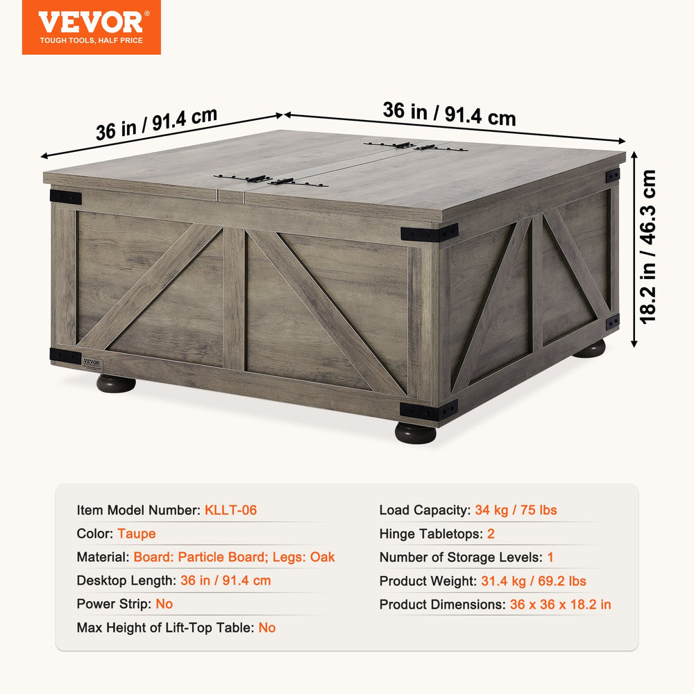 Vevor Farmhouse Coffee Table 36" Square with Hinged Dual Flip-Top and Hidden Storage New