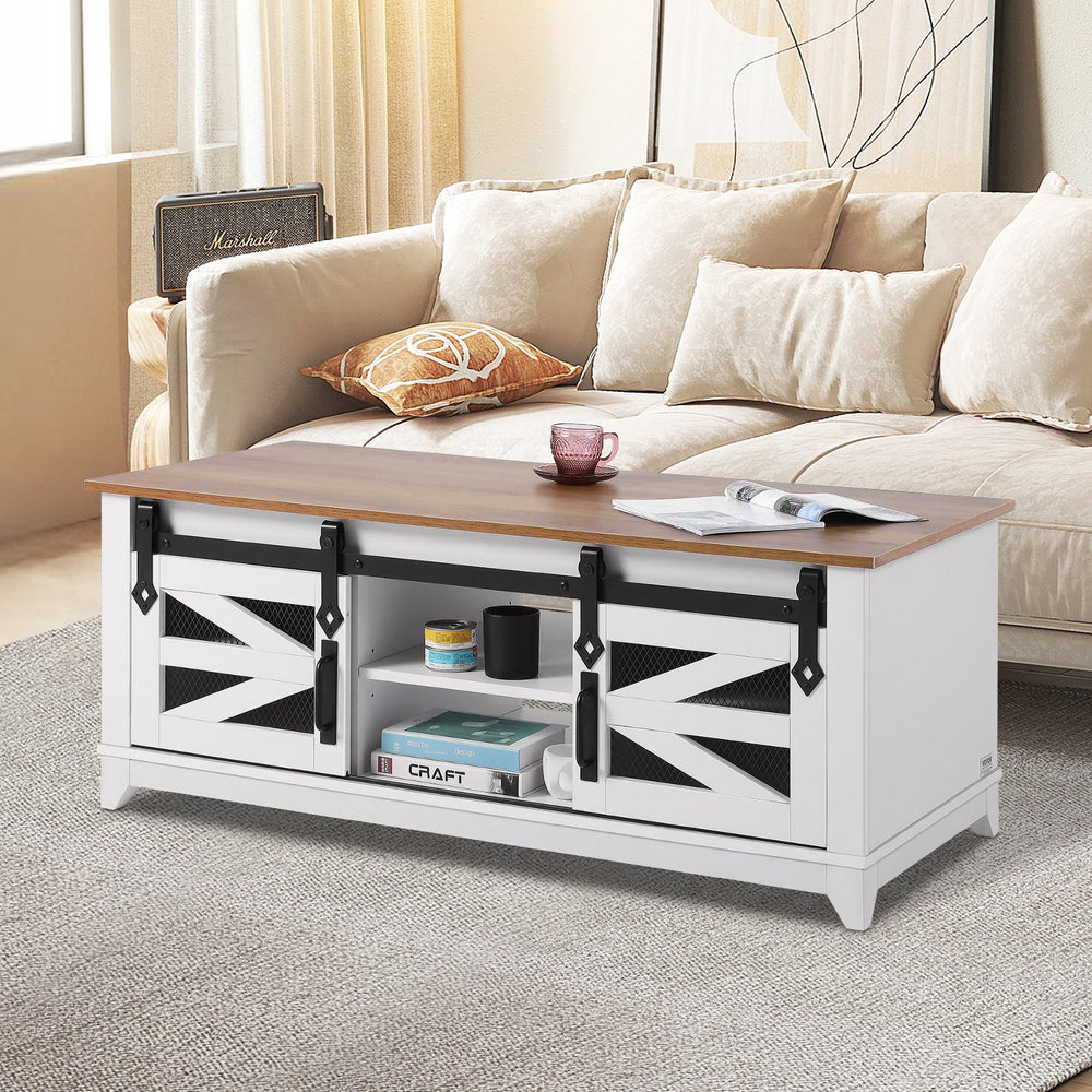 Vevor Farmhouse Coffee Table 48" 2-Tier Rustic Wood with Sliding Barn Doors and Removable Shelves New