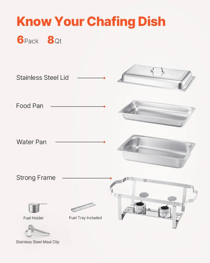 Vevor Chafing Dish Set 6-Pack 8 Qt Full-Size Stainless Steel Buffet Warmers New