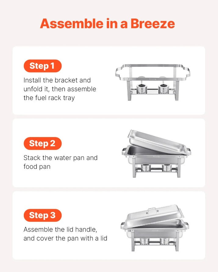 Vevor Chafing Dish Set 6-Pack 8 Qt Full-Size Stainless Steel Buffet Warmers New