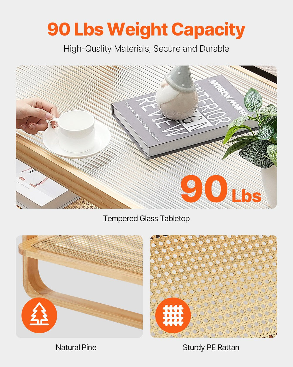 Vevor Rattan Coffee Table 45" Mid-Century Modern Boho Wood Table with Glass Top and Storage New