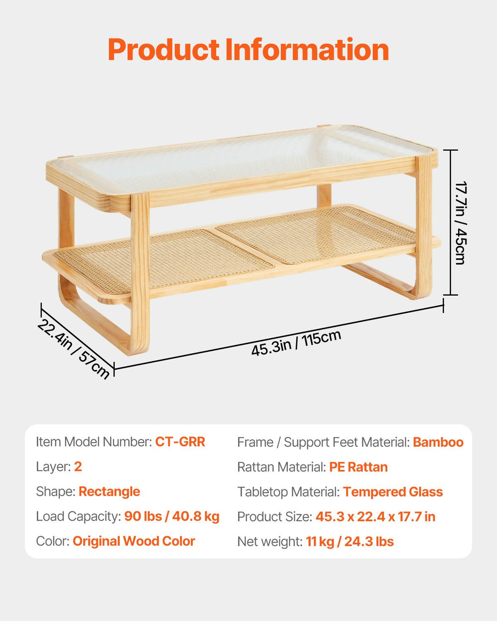 Vevor Rattan Coffee Table 45" Mid-Century Modern Boho Wood Table with Glass Top and Storage New
