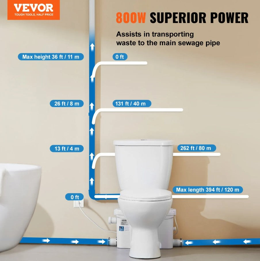 Vevor Upflush Macerating Toilet System with 800W Pump for Basement and Low-Drain Areas New