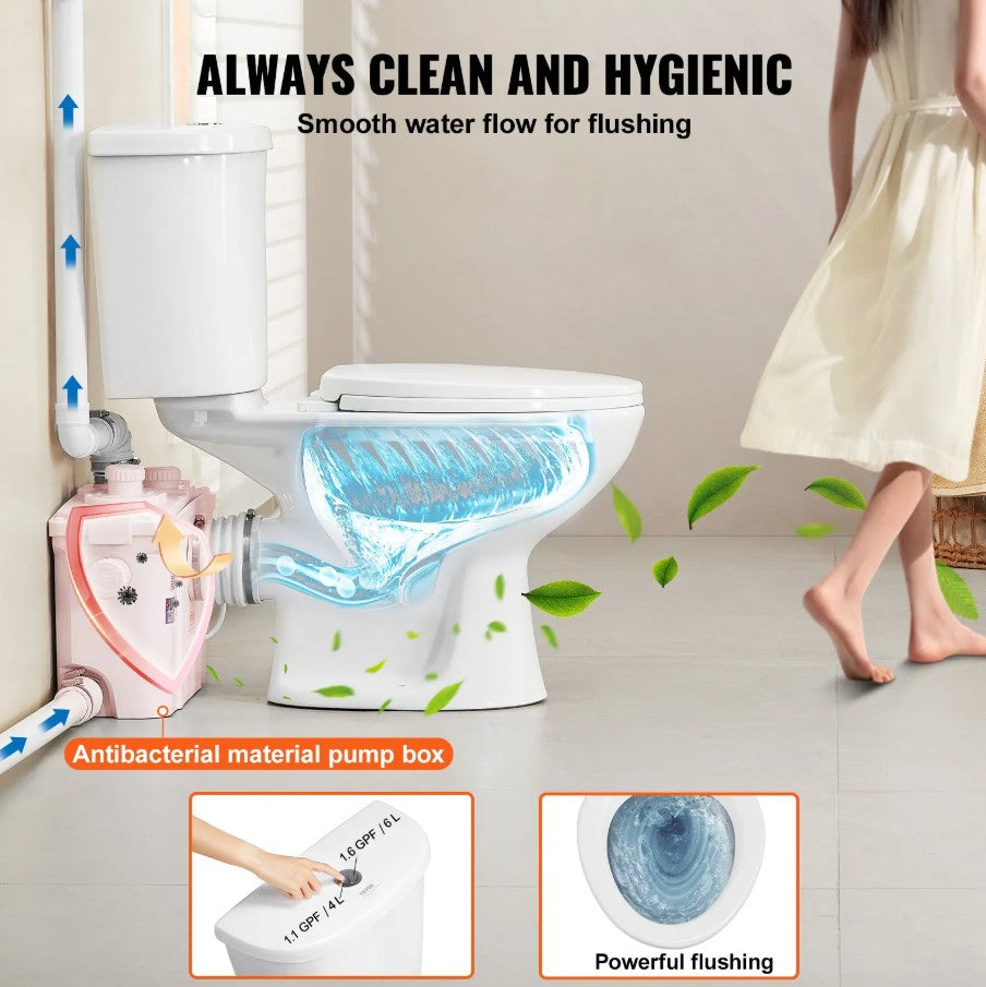 Vevor Upflush Macerating Toilet System with 800W Pump for Basement and Low-Drain Areas New