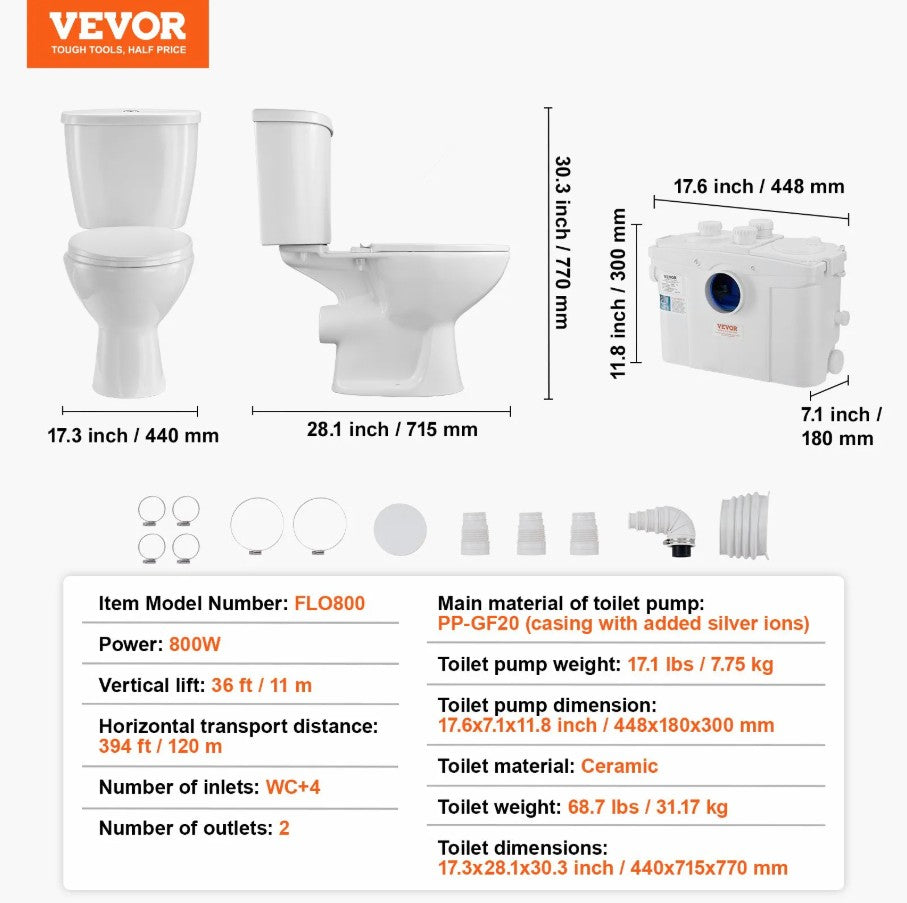 Vevor Upflush Macerating Toilet System with 800W Pump for Basement and Low-Drain Areas New