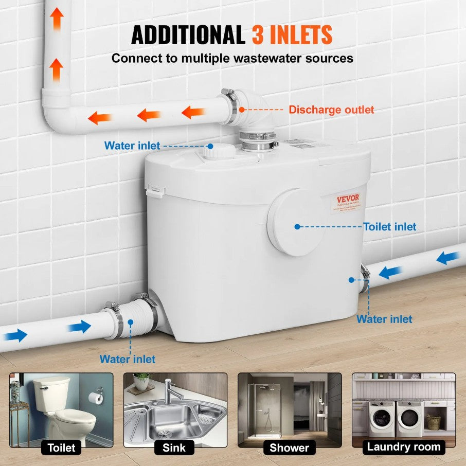Vevor Upflush Macerating Toilet System with 700W Pump for Basement and Low-Drain Areas New