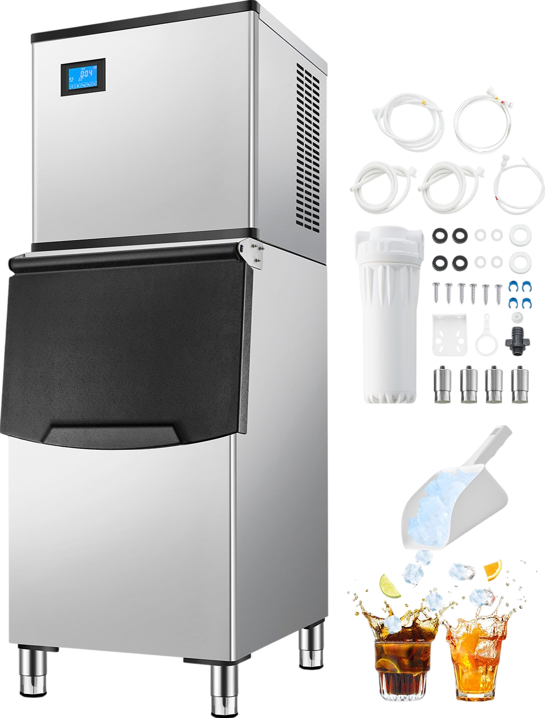 Vevor Commercial Ice Maker 300 Lbs/24 Hr Stainless Steel 250 Lbs Storage Bin Self-Cleaning New