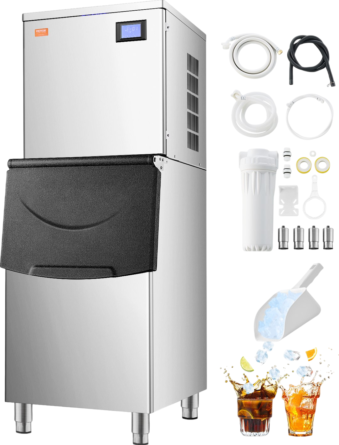 Vevor Commercial Ice Maker 400 Lbs/24 Hrs Stainless Steel 250 Lbs Storage Bin Auto Self-Cleaning New