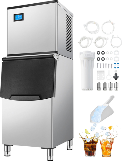 Vevor Commercial Ice Maker 500 Lbs/24 Hrs Stainless Steel 250 Lbs Storage Bin Auto Self-Cleaning New