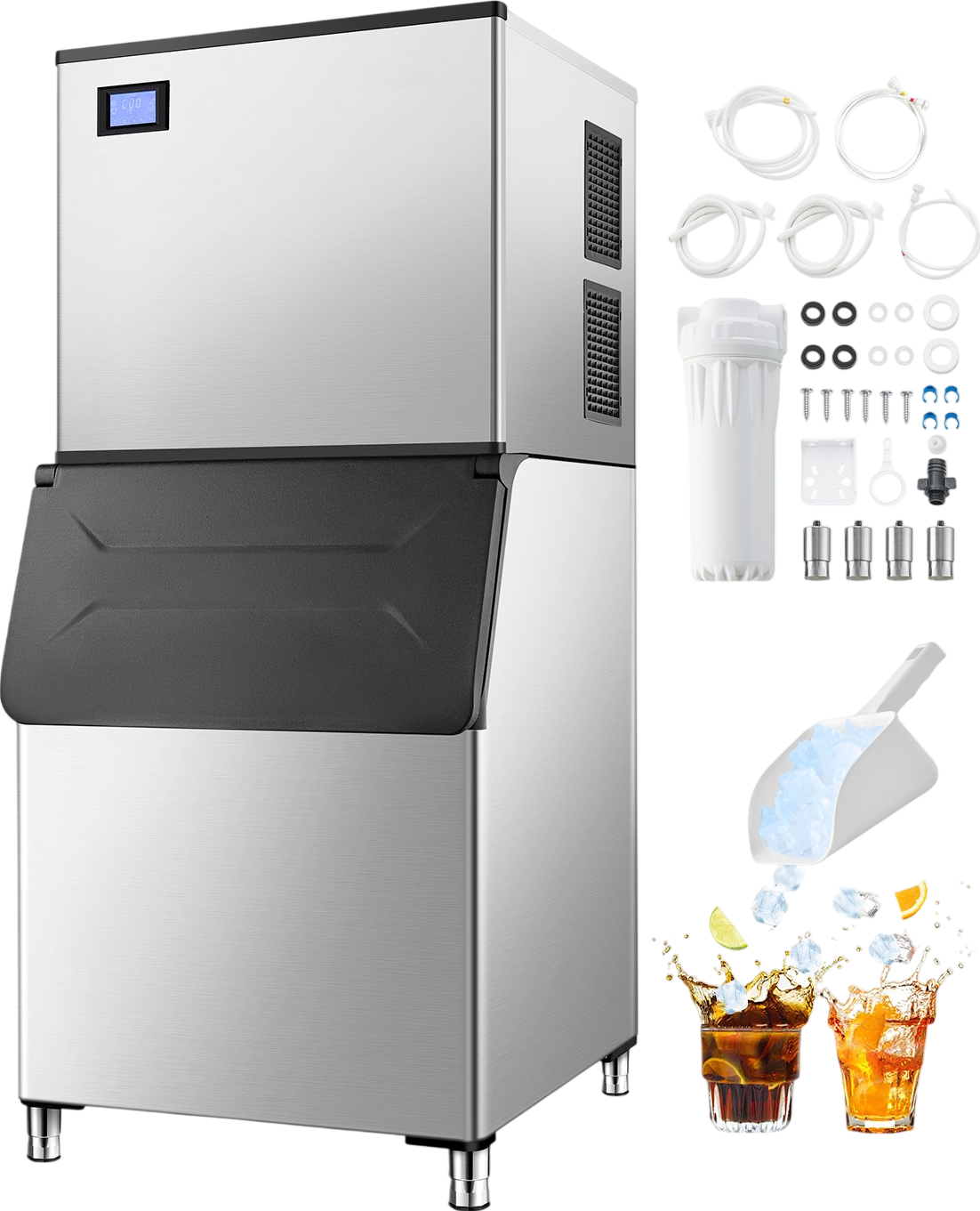 Vevor Commercial Ice Maker 800 Lbs/24 Hrs Stainless Steel 500 Lbs Storage Bin Auto Self-Cleaning New