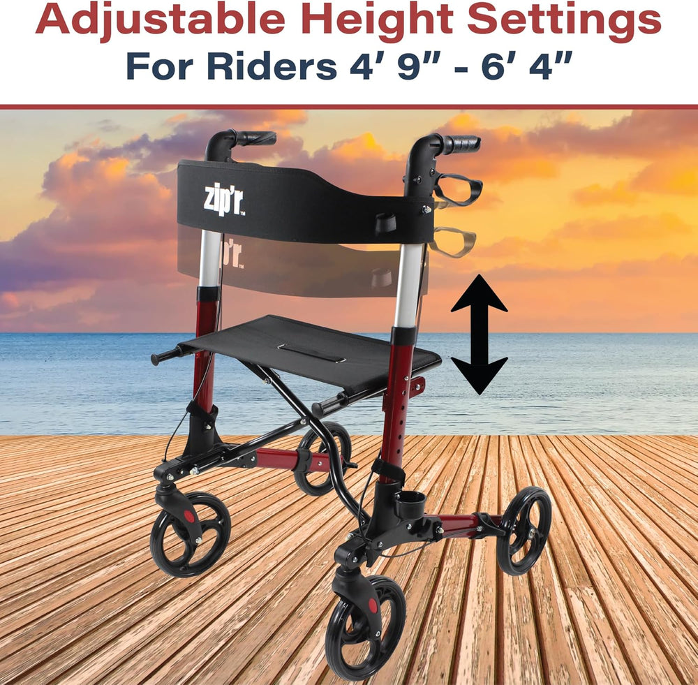 Zip’r Rambler Rollator Walker with Seat 300 Lbs Capacity for 4'9"-6'4" Riders Folding ZIP20RED New