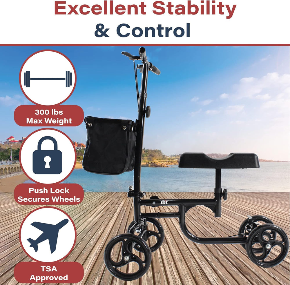 Zip'r Coaster Knee Scooter with Storage 300 Lbs Capacity for 4'9"-6'4" Riders Ambidextrous Brake ZIP24BLK New