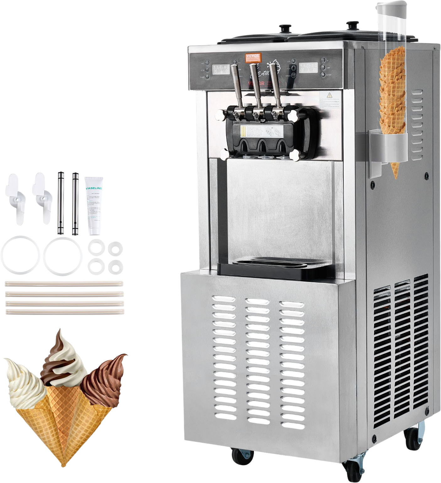 Vevor Ice Cream Machine 9-11.6 Gal per Hour Soft Serve 3 Flavors 3400W Stainless Steel with LED Panel New