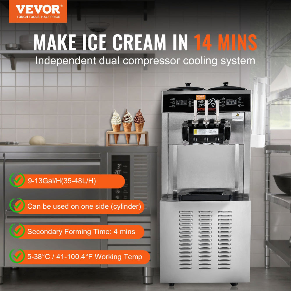 Vevor Ice Cream Machine 9-11.6 Gal per Hour Soft Serve 3 Flavors 3400W Stainless Steel with LED Panel New