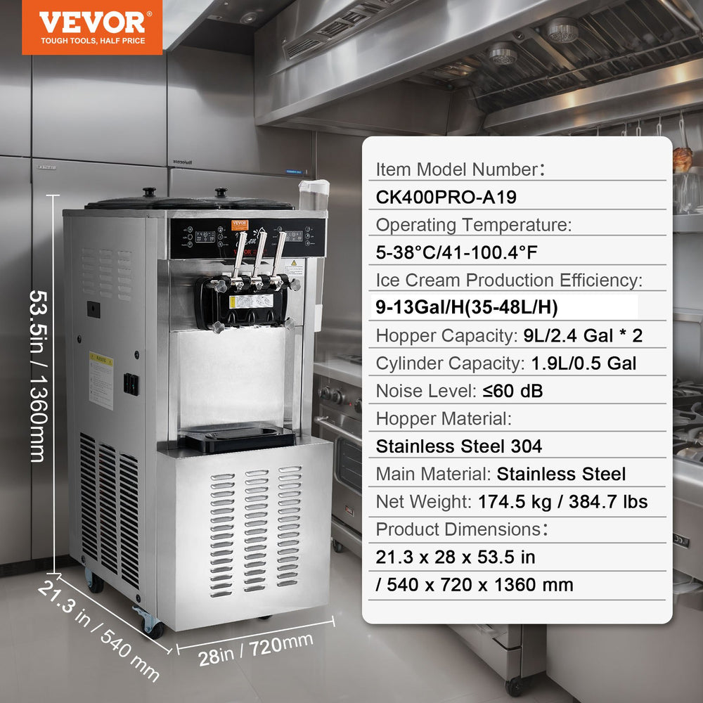 Vevor Ice Cream Machine 9-11.6 Gal per Hour Soft Serve 3 Flavors 3400W Stainless Steel with LED Panel New