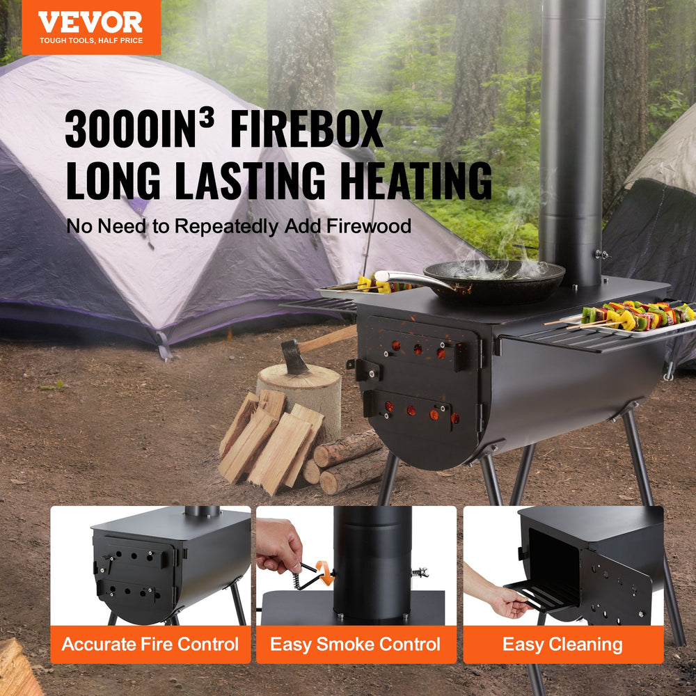 Vevor Tent Wood Stove 118" Alloy Steel Wood-Burning Stove with 3000 Cu. In. Firebox and Chimney Pipes New