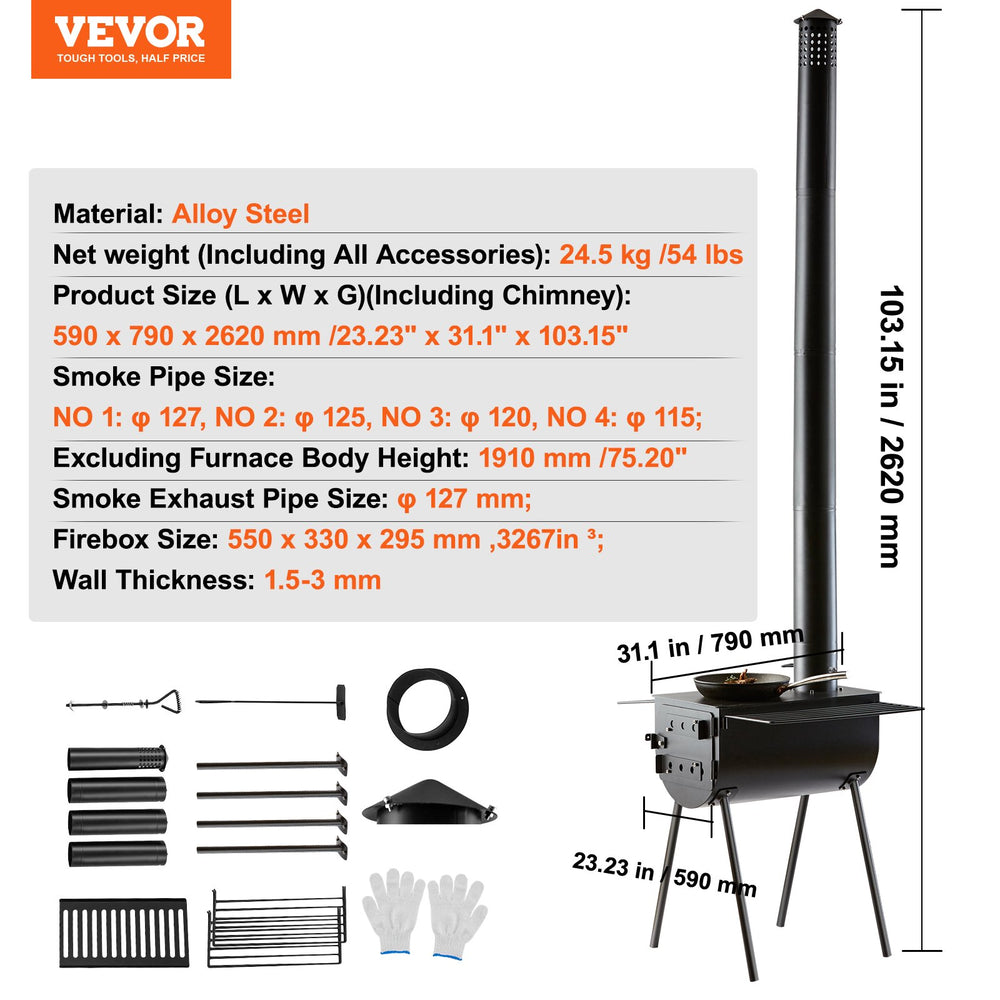 Vevor Tent Wood Stove 118" Alloy Steel Wood-Burning Stove with 3000 Cu. In. Firebox and Chimney Pipes New