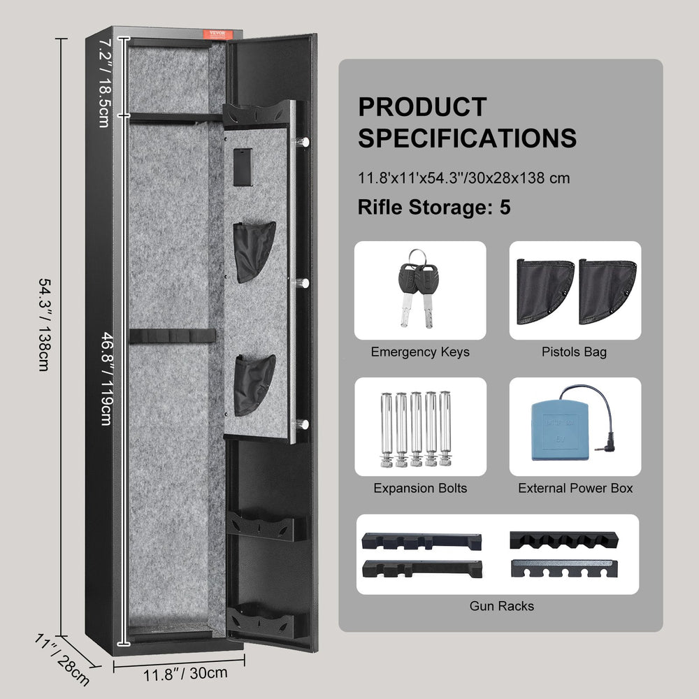 Vevor Gun Safe 5 Rifles Cabinet with Fingerprint Lock Digital Keypad Removable Shelf and Pistol Rack New