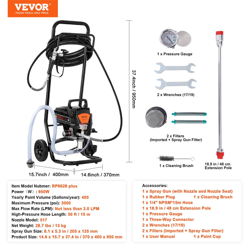 Vevor Airless Paint Sprayer with Cart 950W Electric 3000 PSI Handheld for Home Interior Exterior New