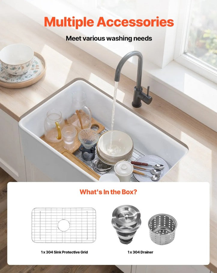 Vevor Farmhouse Sink 33.5" x 20" Undermount Fireclay Single Bowl White New