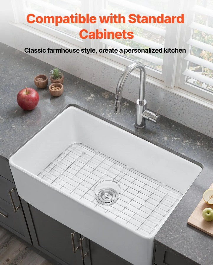 Vevor Farmhouse Sink 33.5" x 20" Undermount Fireclay Single Bowl White New