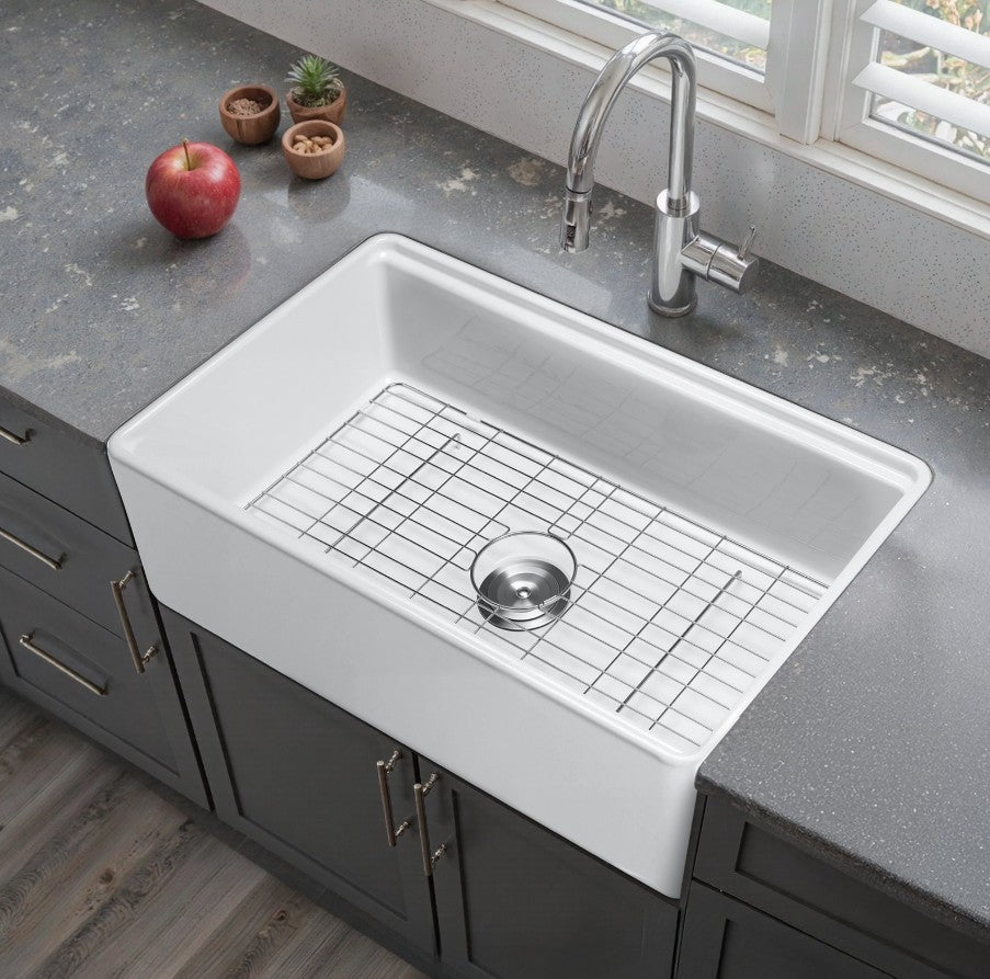 Vevor Farmhouse Sink 32.5" x 20" Undermount Fireclay Single Bowl White with Accessories New