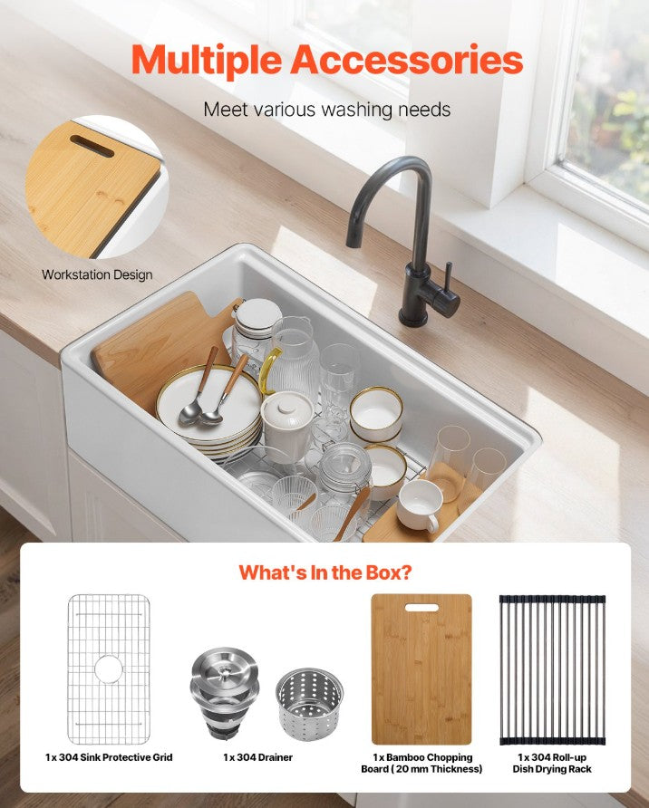 Vevor Farmhouse Sink 32.5" x 20" Undermount Fireclay Single Bowl White with Accessories New