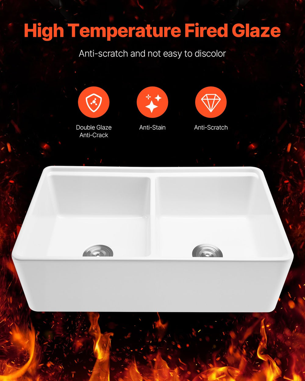 Vevor Farmhouse Sink 33" x 20" Undermount Fireclay Double Bowl White New