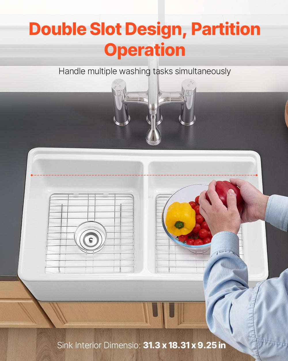 Vevor Farmhouse Sink 33" x 20" Undermount Fireclay Double Bowl White New