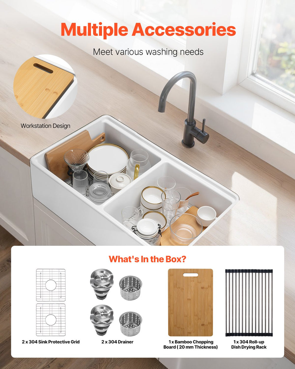 Vevor Farmhouse Sink 33" x 20" Undermount Fireclay Double Bowl White New