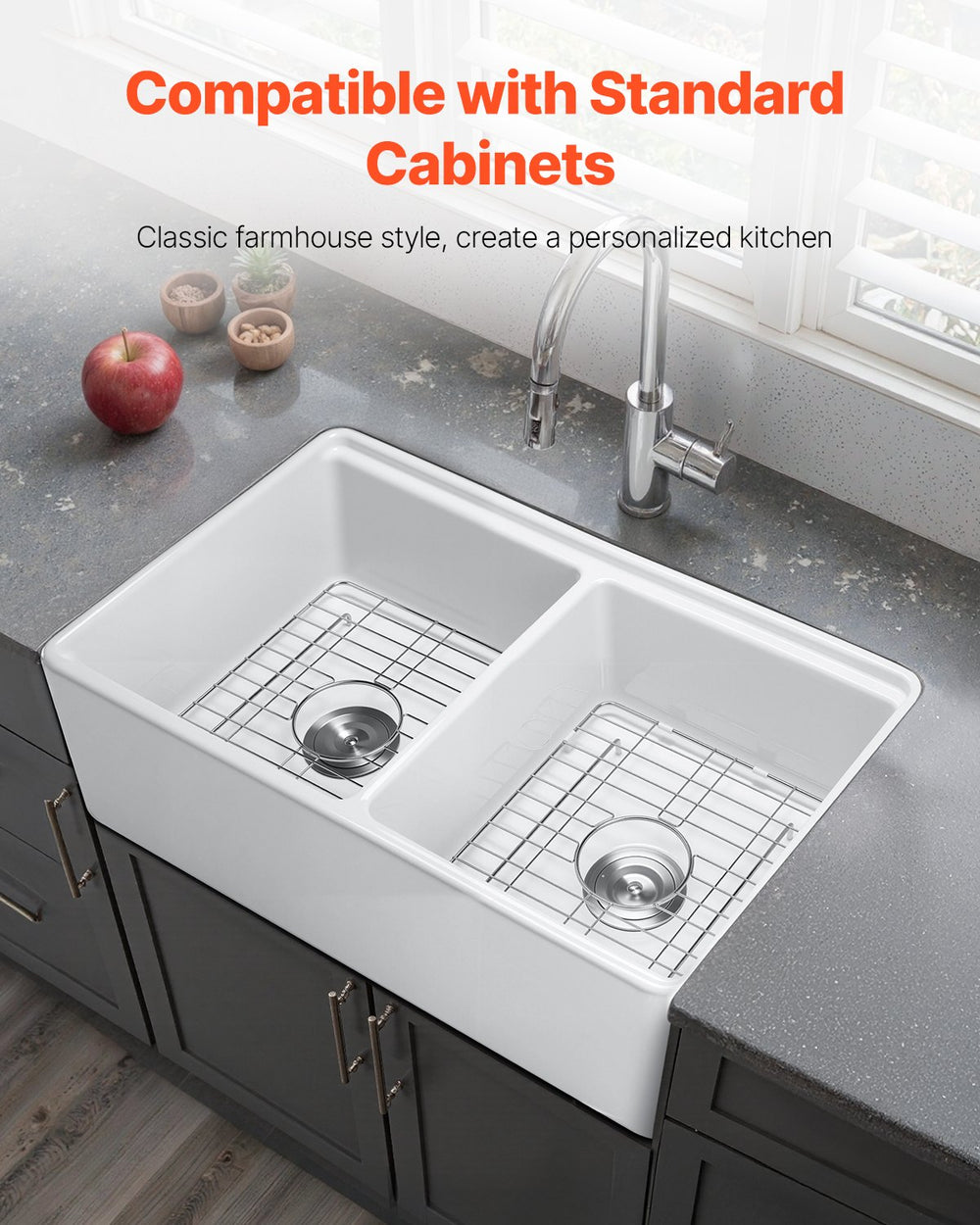 Vevor Farmhouse Sink 33" x 20" Undermount Fireclay Double Bowl White New