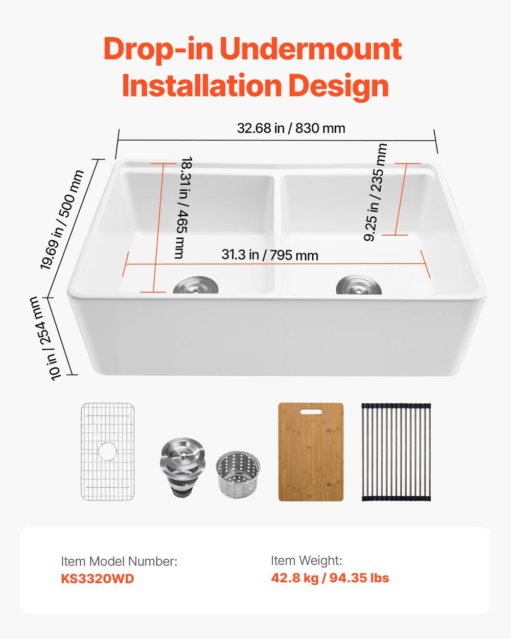 Vevor Farmhouse Sink 33" x 20" Undermount Fireclay Double Bowl White New