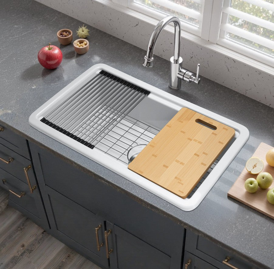 Vevor Farmhouse Sink 33" x 19" Top Mount Undermount Fireclay Single Bowl White New