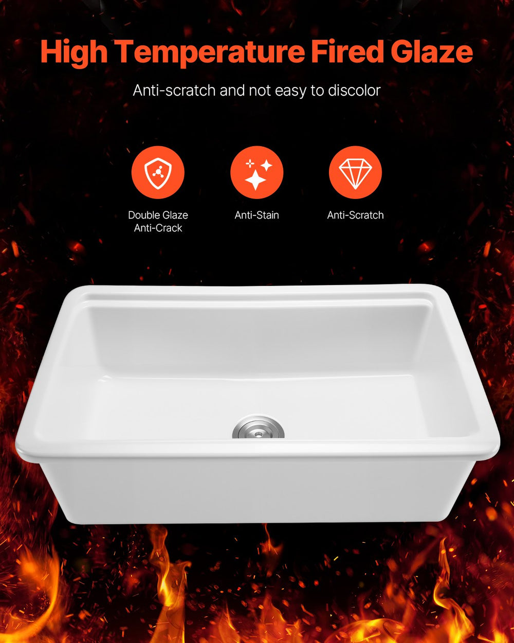 Vevor Farmhouse Sink 33" x 19" Top Mount Undermount Fireclay Single Bowl White New
