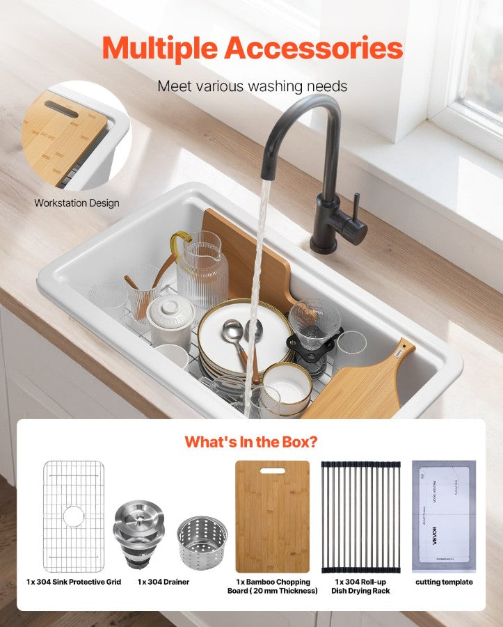 Vevor Farmhouse Sink 33" x 19" Top Mount Undermount Fireclay Single Bowl White New