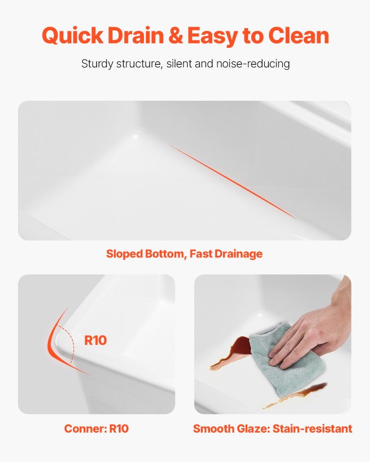 Vevor Farmhouse Sink 33" x 19" Top Mount Undermount Fireclay Single Bowl White New