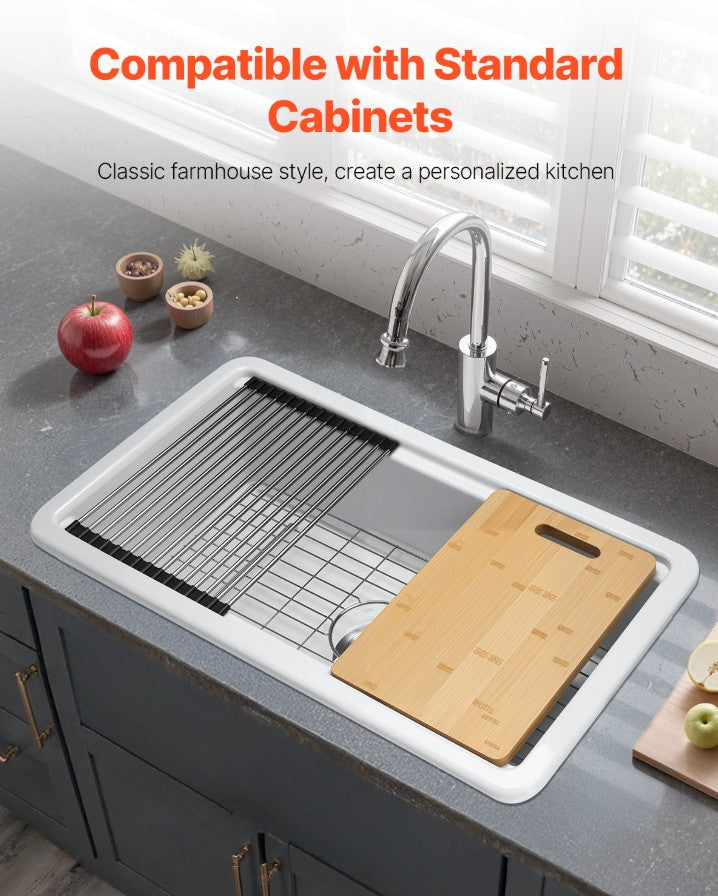 Vevor Farmhouse Sink 33" x 19" Top Mount Undermount Fireclay Single Bowl White New