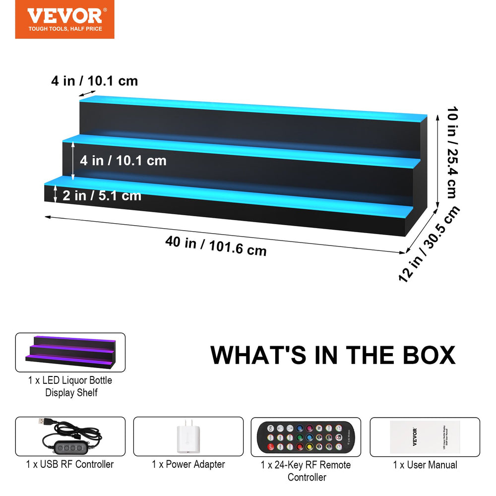 Vevor Liquor Bottle Bar Display Shelf 40" 3-Step LED Lighted 7 Static Colors with App Control New