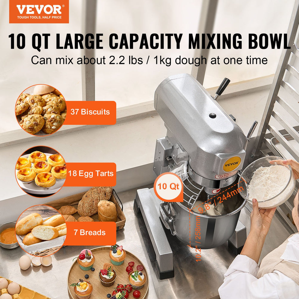 Vevor Food Mixer 10 Qt 550W Adjustable 3-Speed Heavy Duty Commercial Stainless Steel New