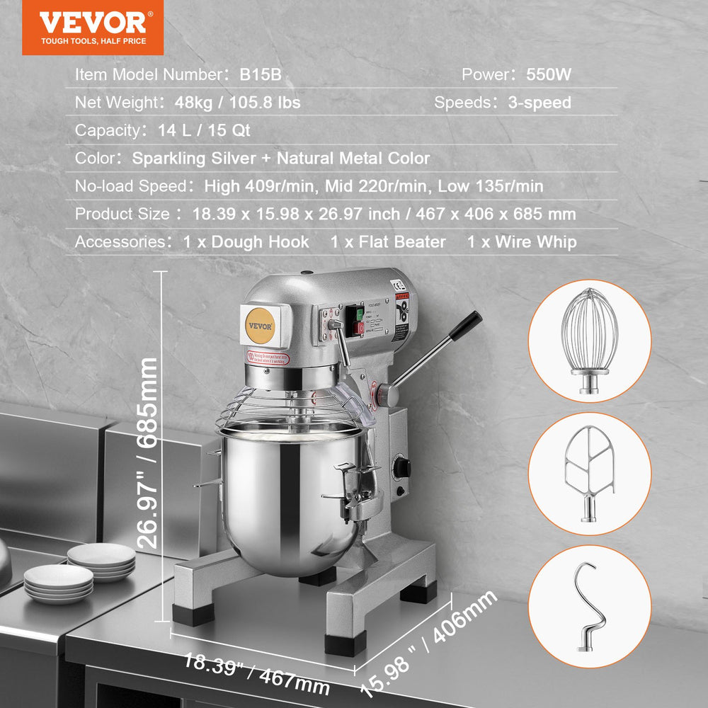 Vevor Food Mixer 15 Qt 550W Adjustable 3-Speed Heavy Duty Commercial Stainless Steel New