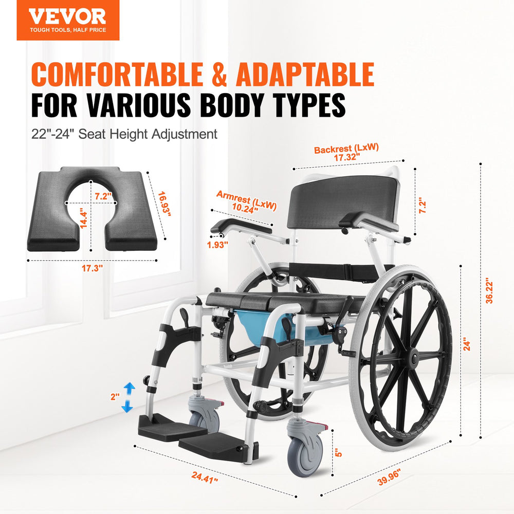 Vevor Shower Wheelchair with Commode Opening 17.5" 300 lbs. Capacity Aluminum Alloy New