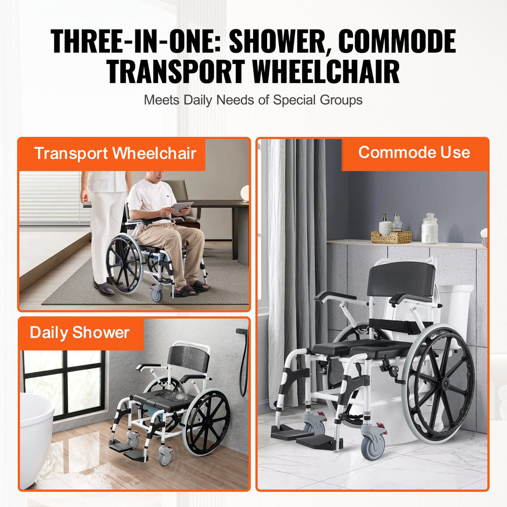 Vevor Shower Wheelchair with Commode Opening 17.5" 300 lbs. Capacity Aluminum Alloy New